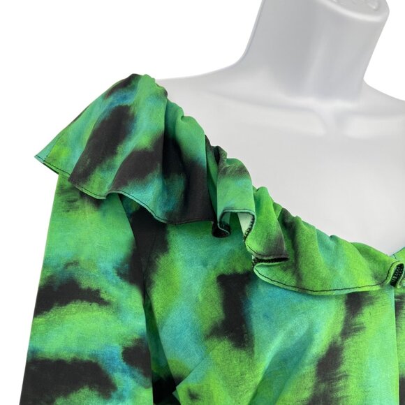 Topshop Ruffle A-Line V-Neck Watercolor Bell Sleeve Mini Dress Green Size 4 NWOT - Picture 3 of 9